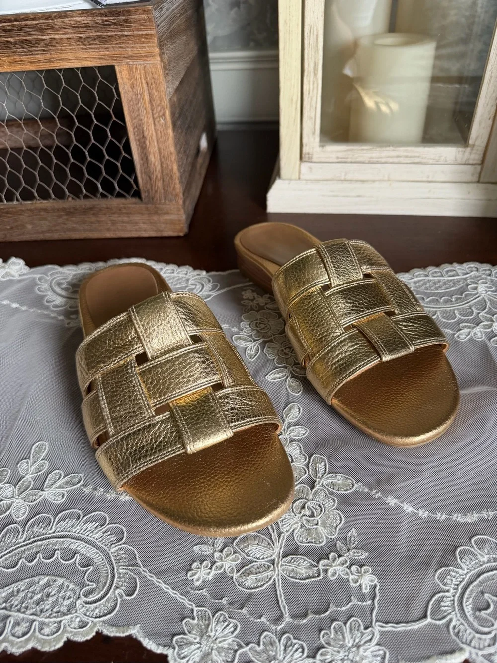 Vionic Gold Metallic Leather Glendora Slide Sandals Shoes Sz 7